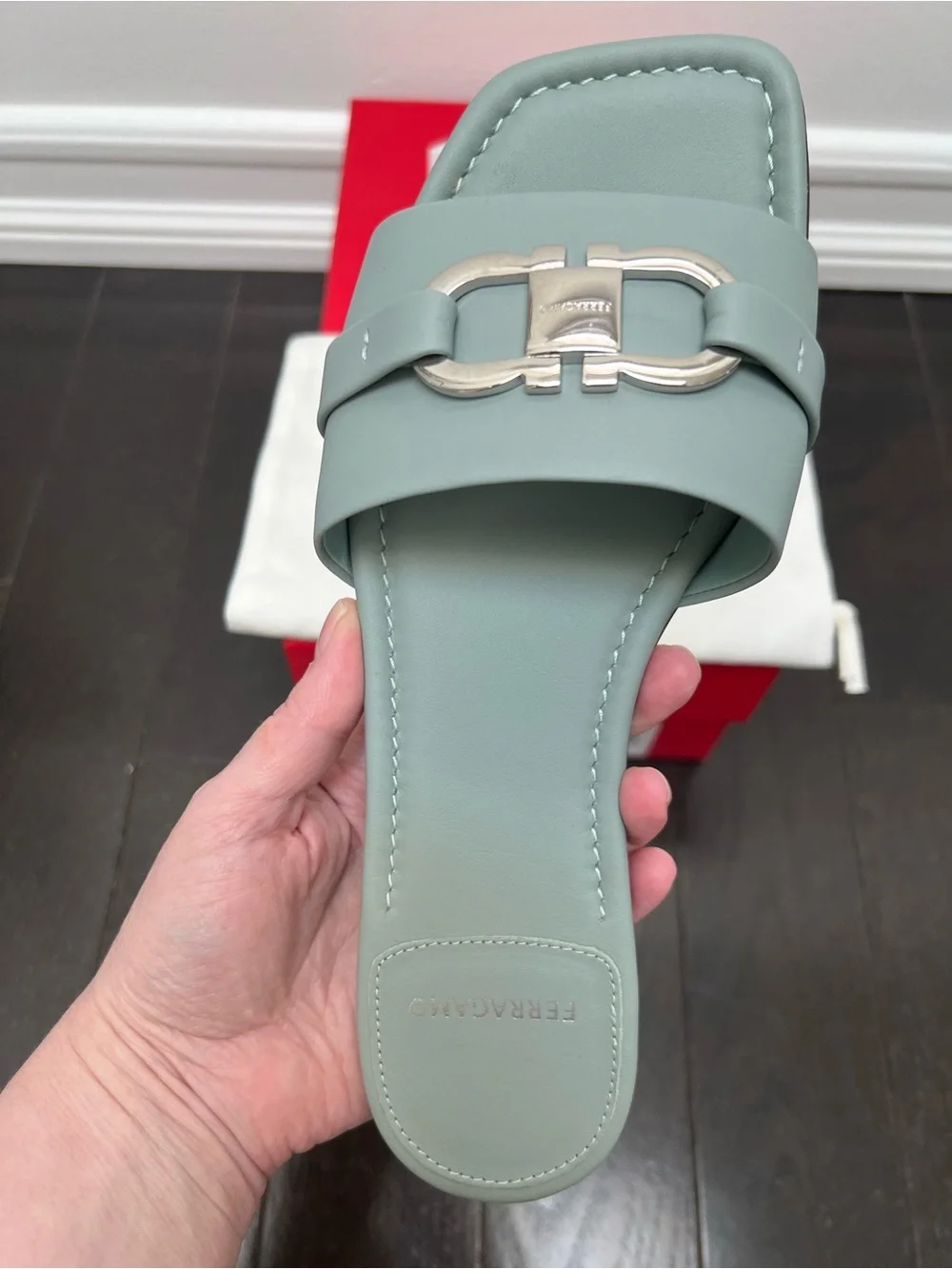 Salvatore Ferragamo Women's Leah Lucky Charm Gancini Slides, Mint Green, 7 C